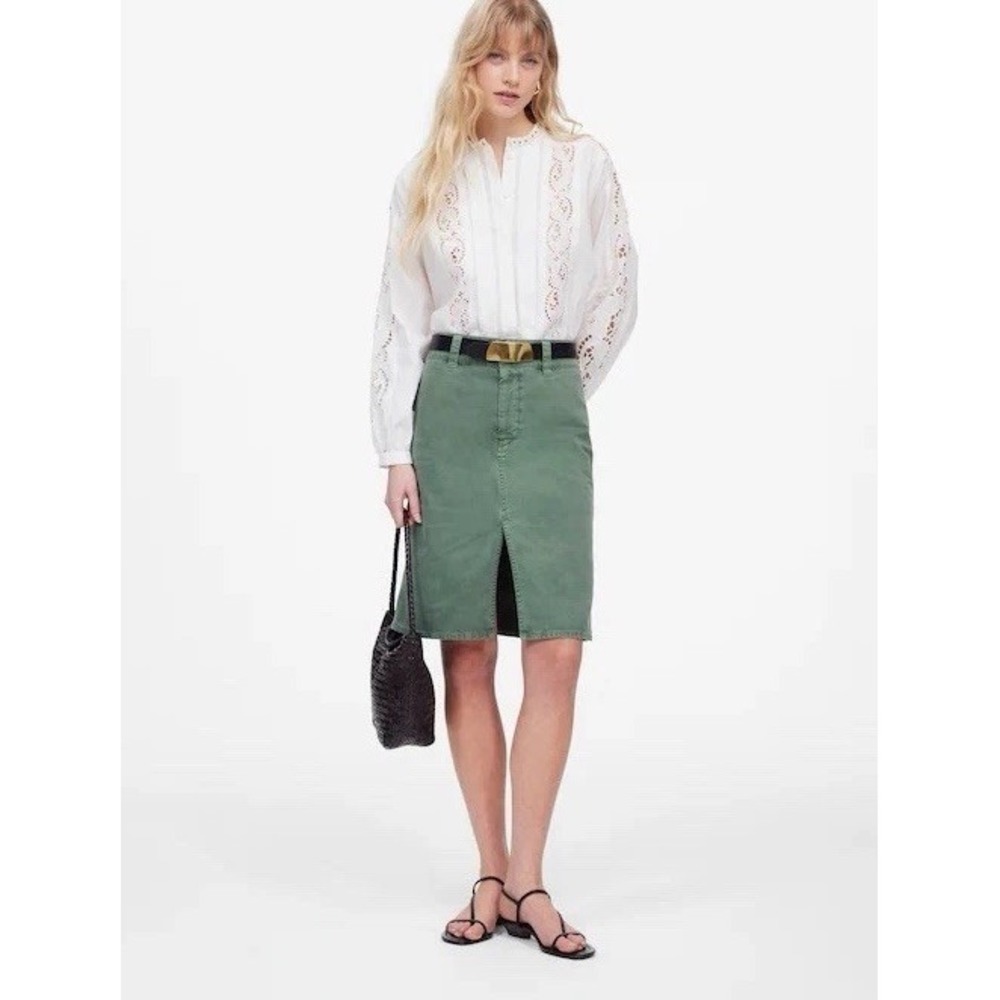 Madewell Size 14 Utility Midi‎ Skirt Green Cotton Front Slit Fall Coastal Casual